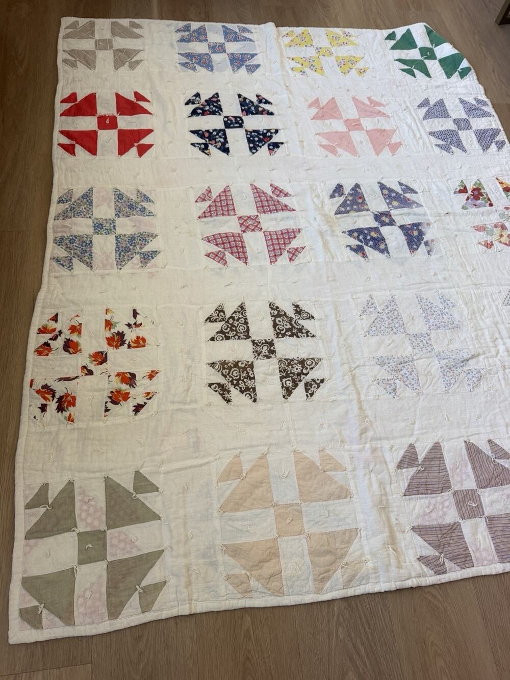 Handmade Vintage Pinwheel Patchwork Multicolor Quilt Blanket 72”x 57” handtied
